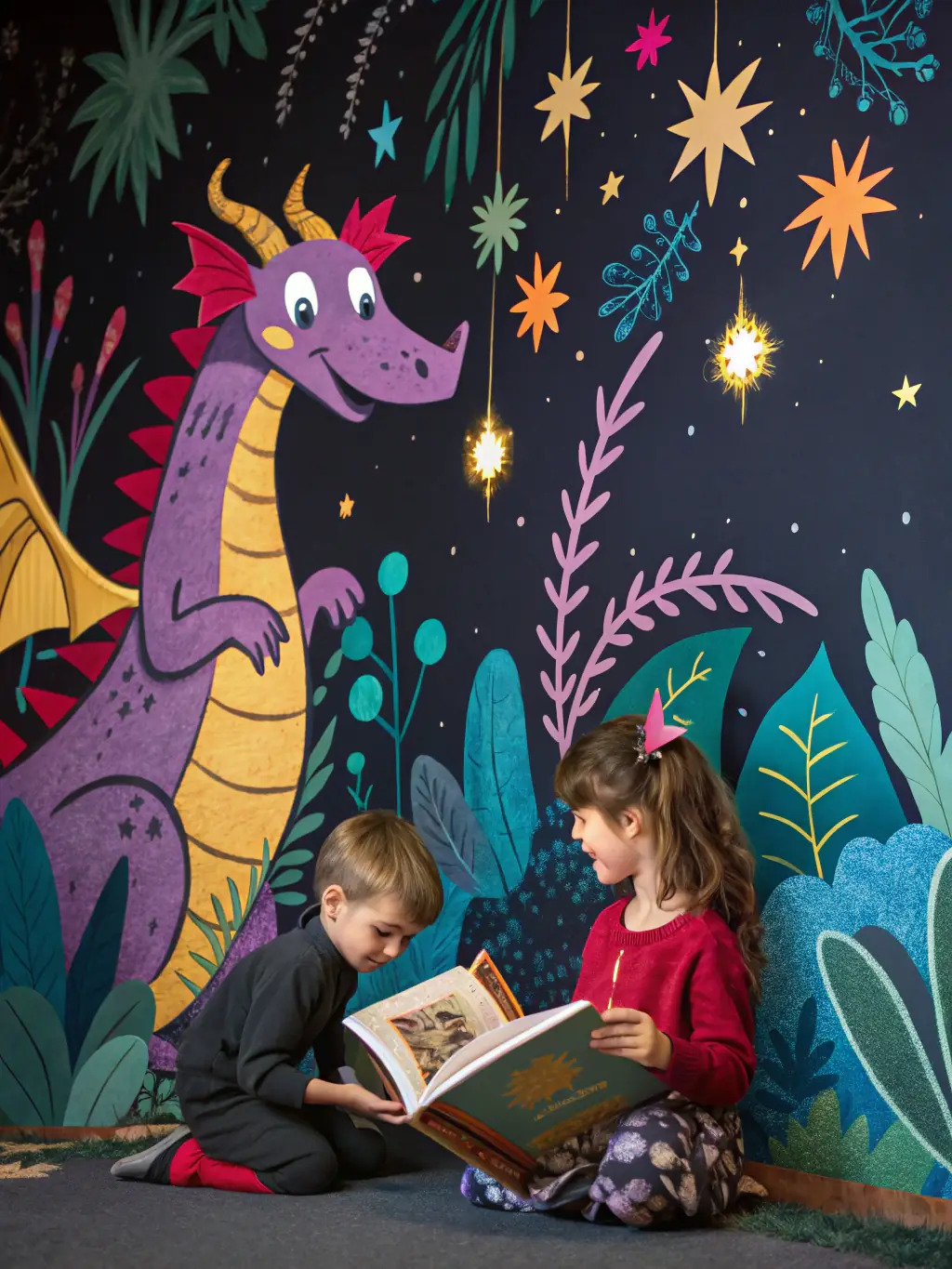 A vibrant, high-quality print of a whimsical book illustration featuring a friendly dragon and a curious child, perfect for a nursery or children's room, displayed in the Studio Kreska online shop.