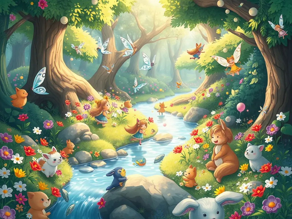 A vibrant, whimsical illustration of a fairy tale scene, showcasing detailed character work and colorful backgrounds, used to represent Studio Kreska's book illustration services.