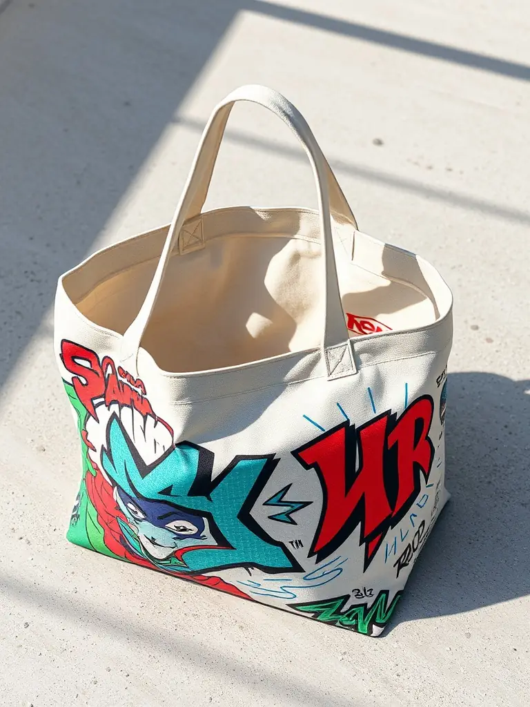 A stylish tote bag featuring a custom illustration of a cityscape with unique typography, showcasing Studio Kreska's design skills, available for purchase as merchandise in the online shop.