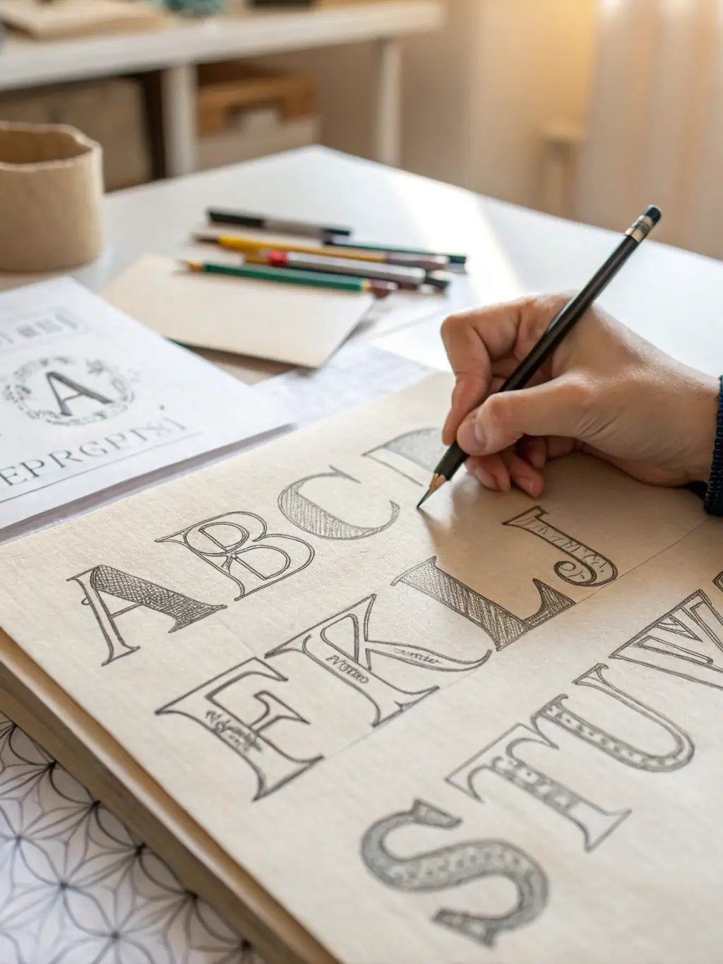 A close-up shot of a hand sketching intricate details on a book illustration, showcasing the meticulous process and artistic skill involved in creating book illustrations for Studio Kreska.